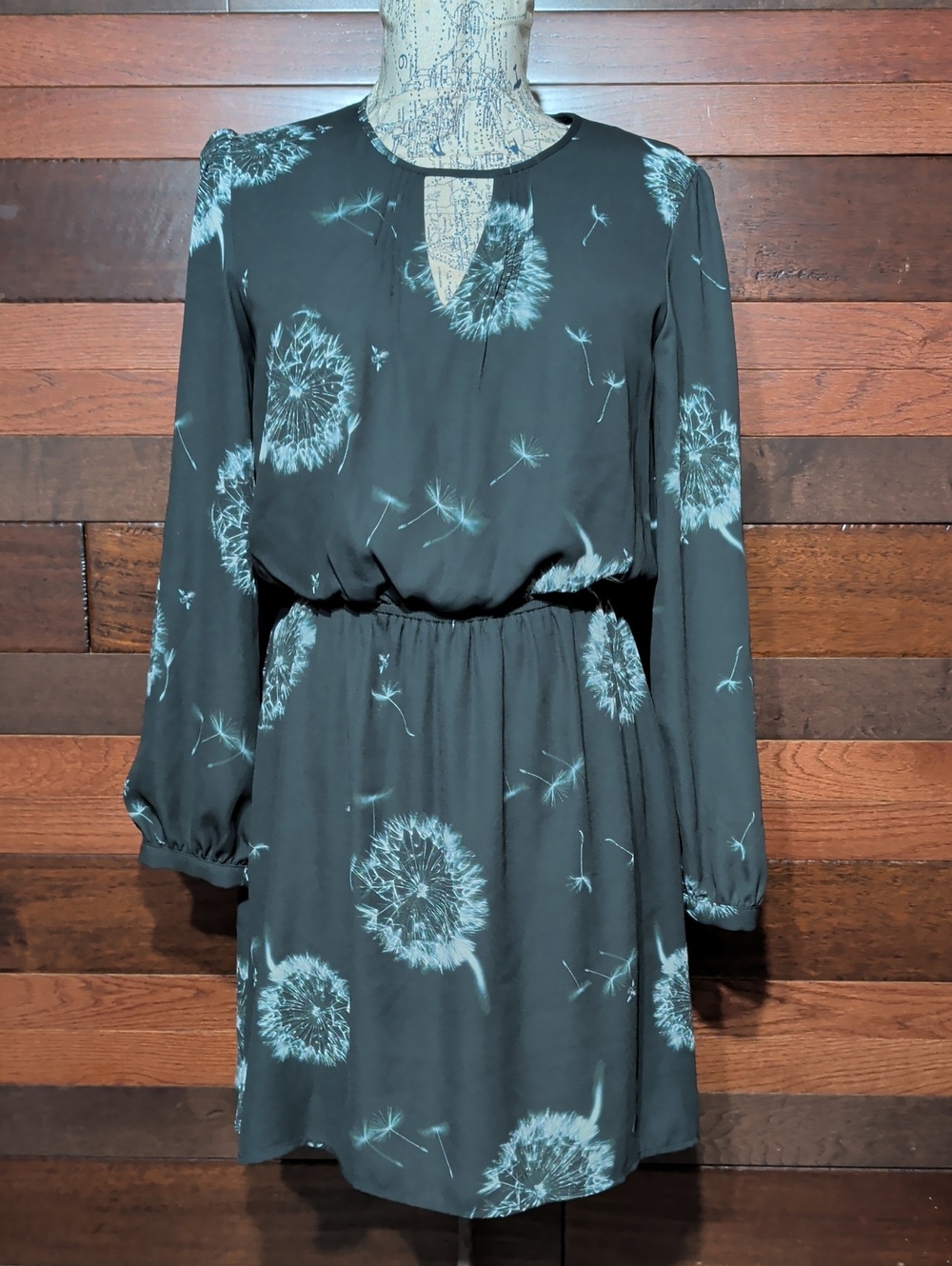 Express Women's Black Dandelion Print Long-Sleeve Dress